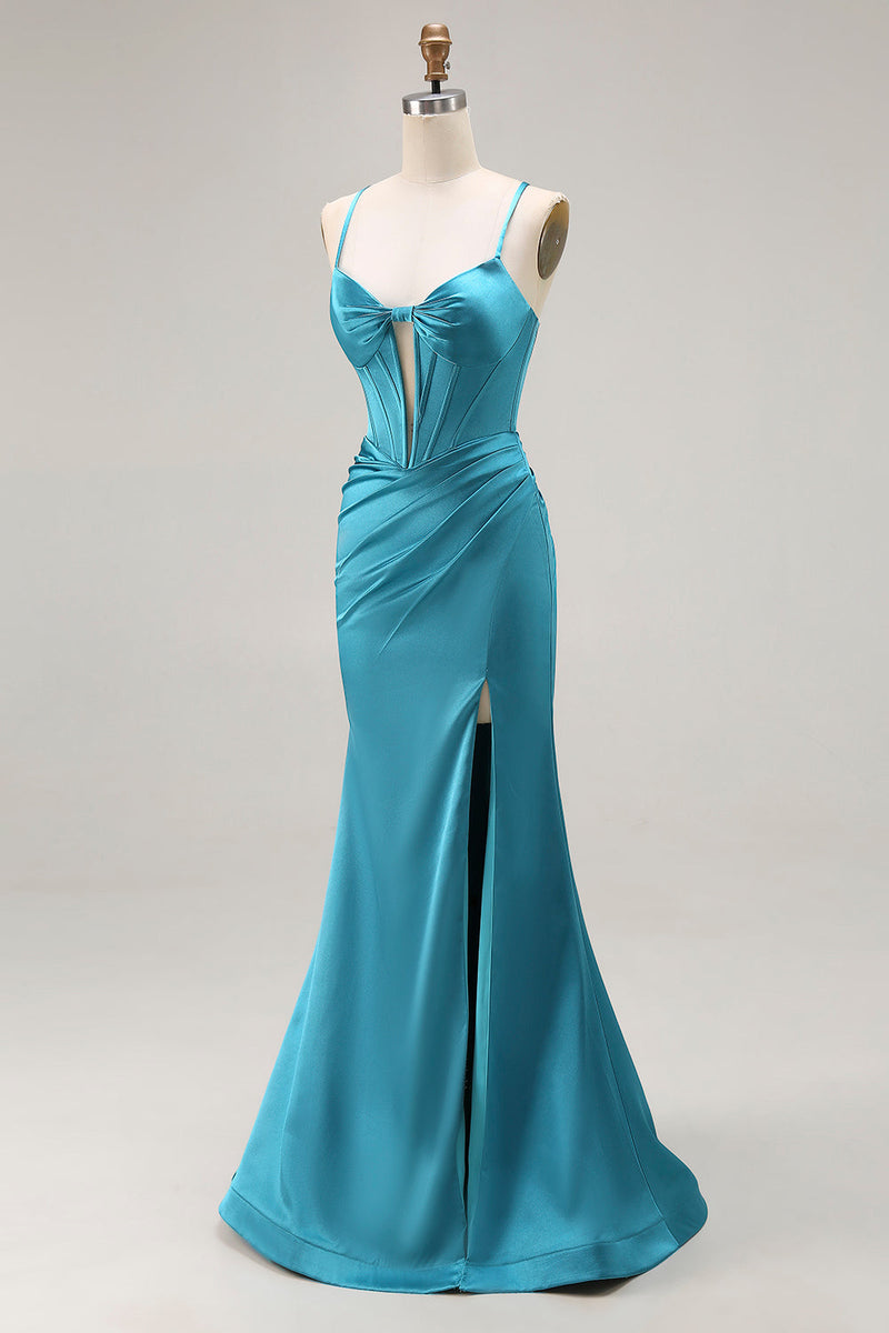 Load image into Gallery viewer, Peacock Blue Satin Mermaid Long Corset Prom Dress with Slit