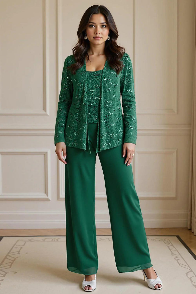 Load image into Gallery viewer, Sparkly 3 Piece Olive Long Sequin Mother of the Bride Pant Suits with Jacket