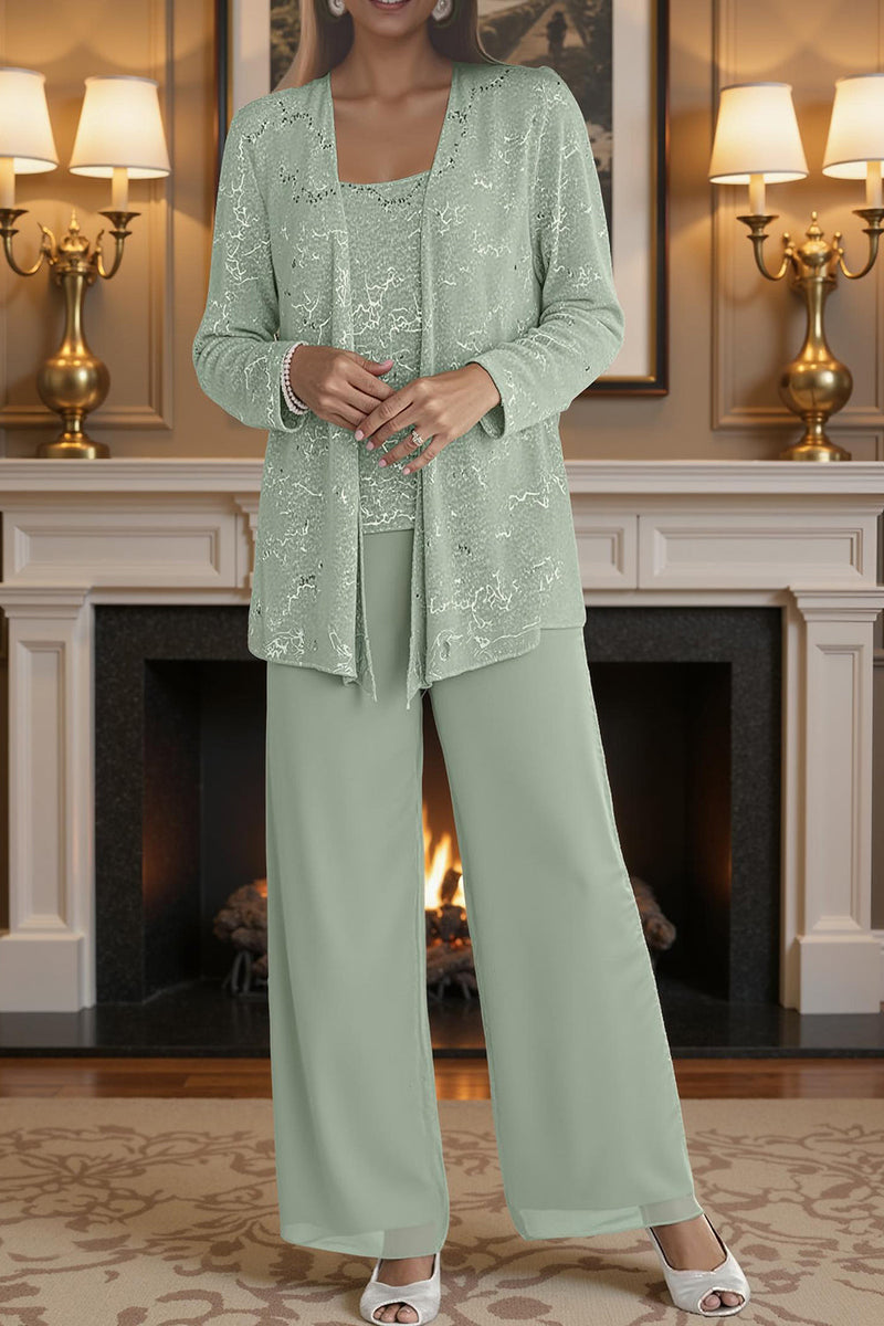 Load image into Gallery viewer, Sparkly 3 Piece Olive Long Sequin Mother of the Bride Pant Suits with Jacket