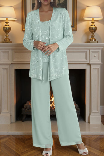 Sparkly 3 Piece Olive Long Sequin Mother of the Bride Pant Suits with Jacket