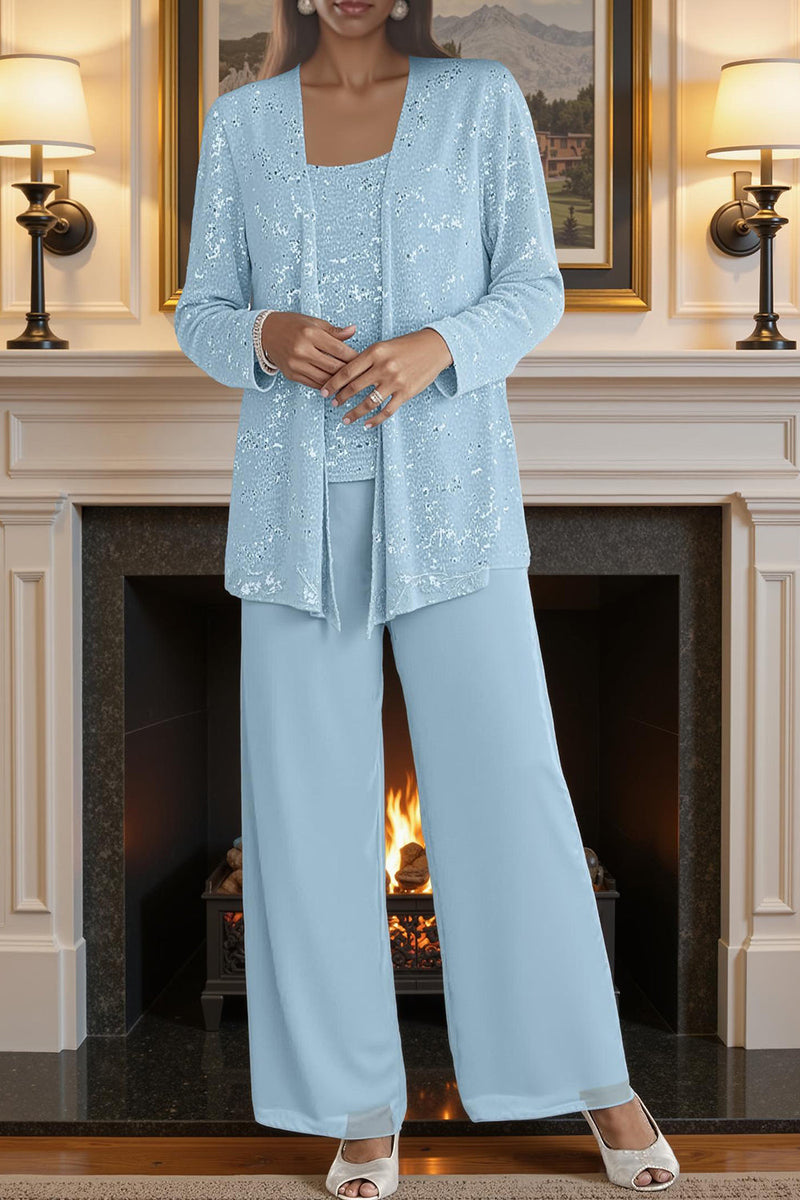 Load image into Gallery viewer, Sparkly 3 Piece Olive Long Sequin Mother of the Bride Pant Suits with Jacket