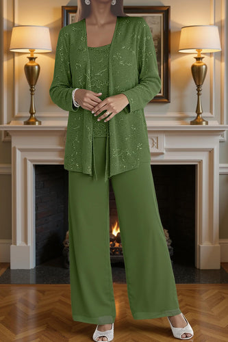 Sparkly 3 Piece Olive Long Sequin Mother of the Bride Pant Suits with Jacket