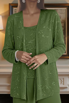 Sparkly 3 Piece Olive Long Sequin Mother of the Bride Pant Suits with Jacket