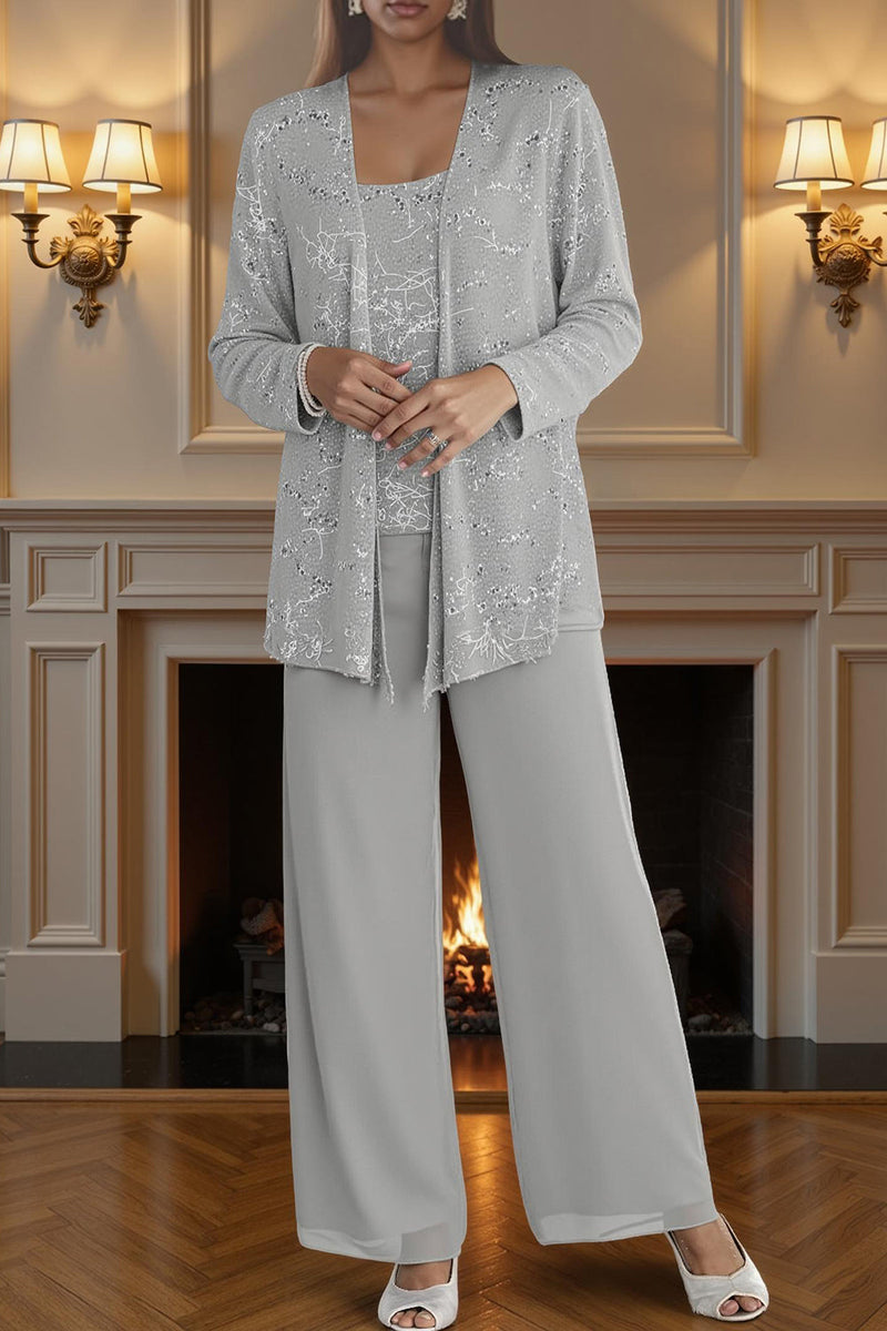 Load image into Gallery viewer, Sparkly 3 Piece Olive Long Sequin Mother of the Bride Pant Suits with Jacket