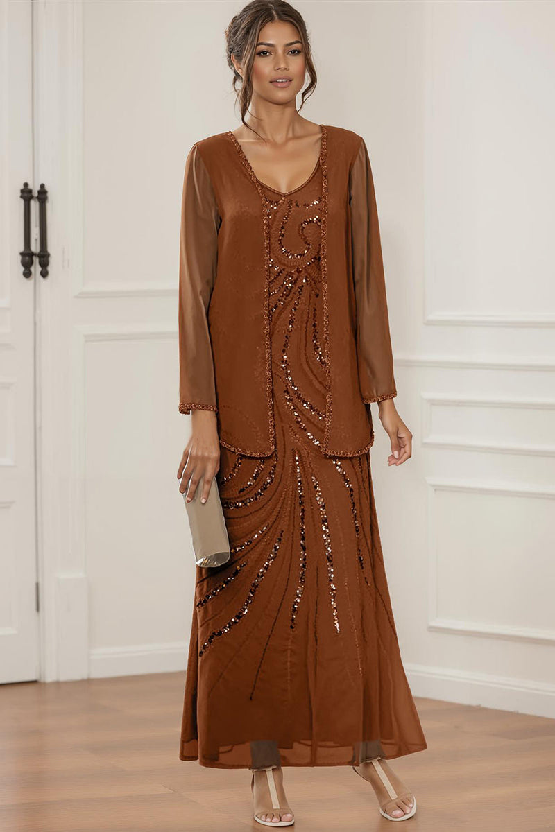 Load image into Gallery viewer, Sparkly 2 Piece Rust Round Neck Long Mother of the Bride Dress