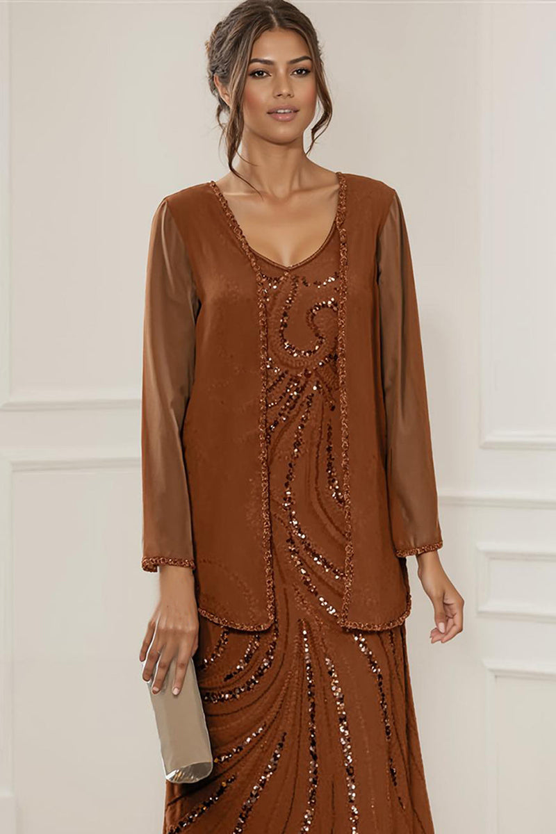 Load image into Gallery viewer, Sparkly 2 Piece Rust Round Neck Long Mother of the Bride Dress