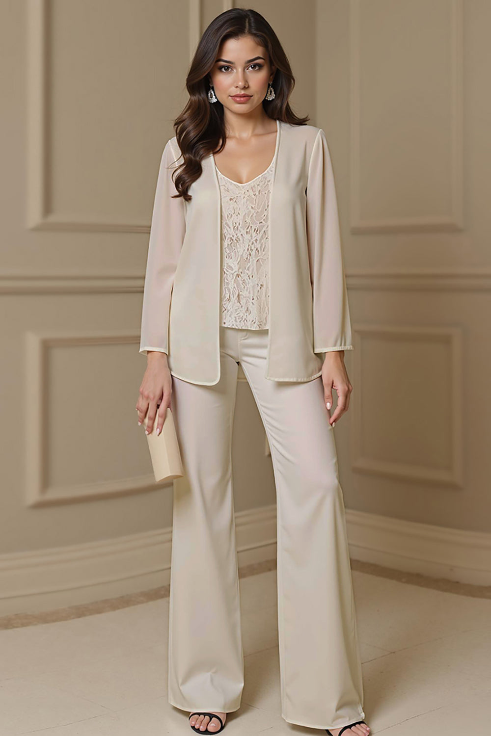 3 Piece Apricot V-Neck Long Sleeves Mother of the Bride Pant Suits with Jacket