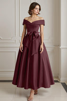 Load image into Gallery viewer, Burgundy A Line Off the Shoulder Long Mother of the Bride Dress with Bow