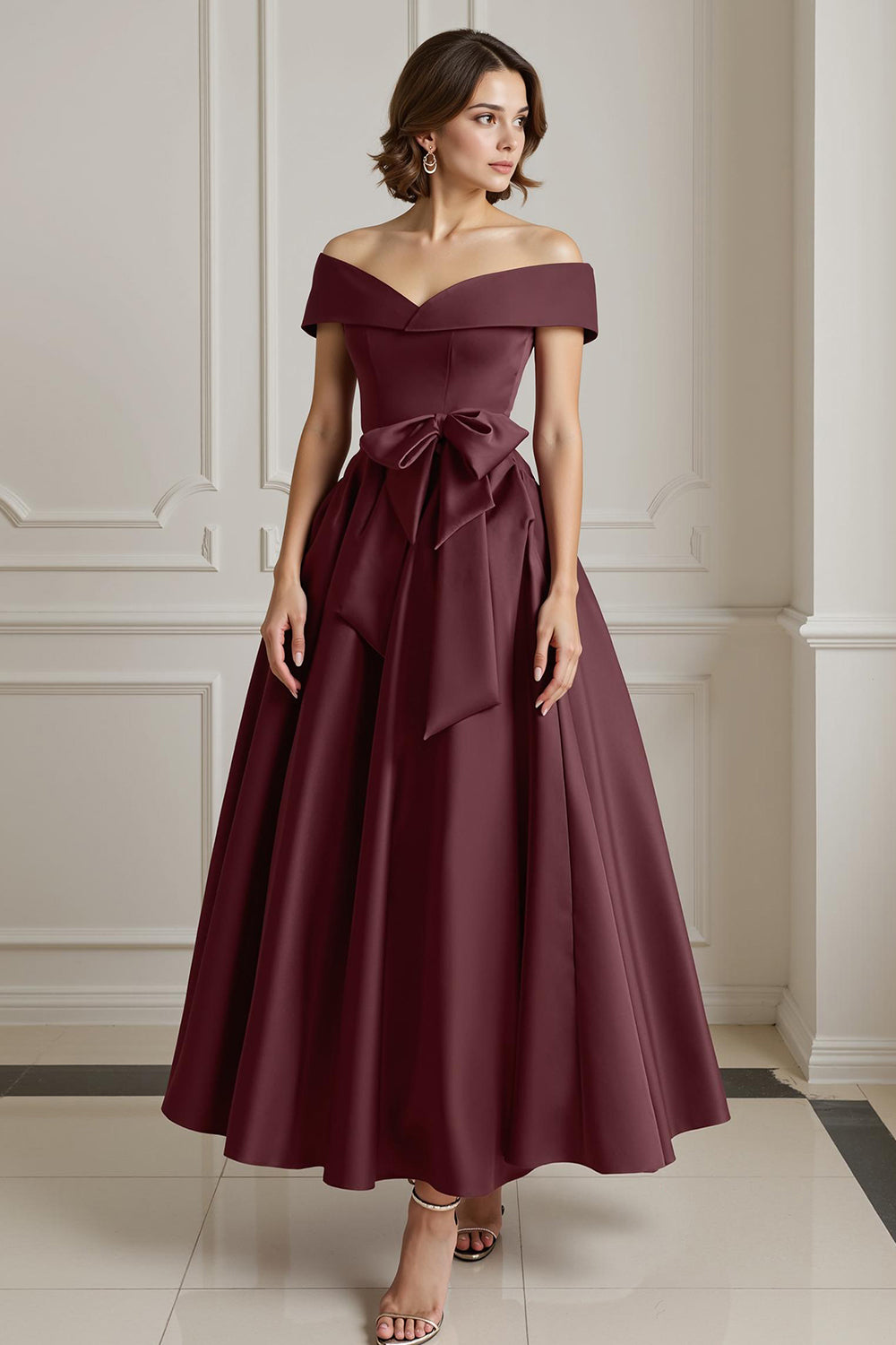 Burgundy A Line Off the Shoulder Long Mother of the Bride Dress with Bow