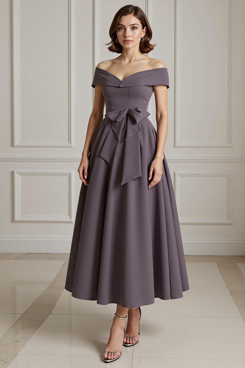 Load image into Gallery viewer, Burgundy A Line Off the Shoulder Long Mother of the Bride Dress with Bow
