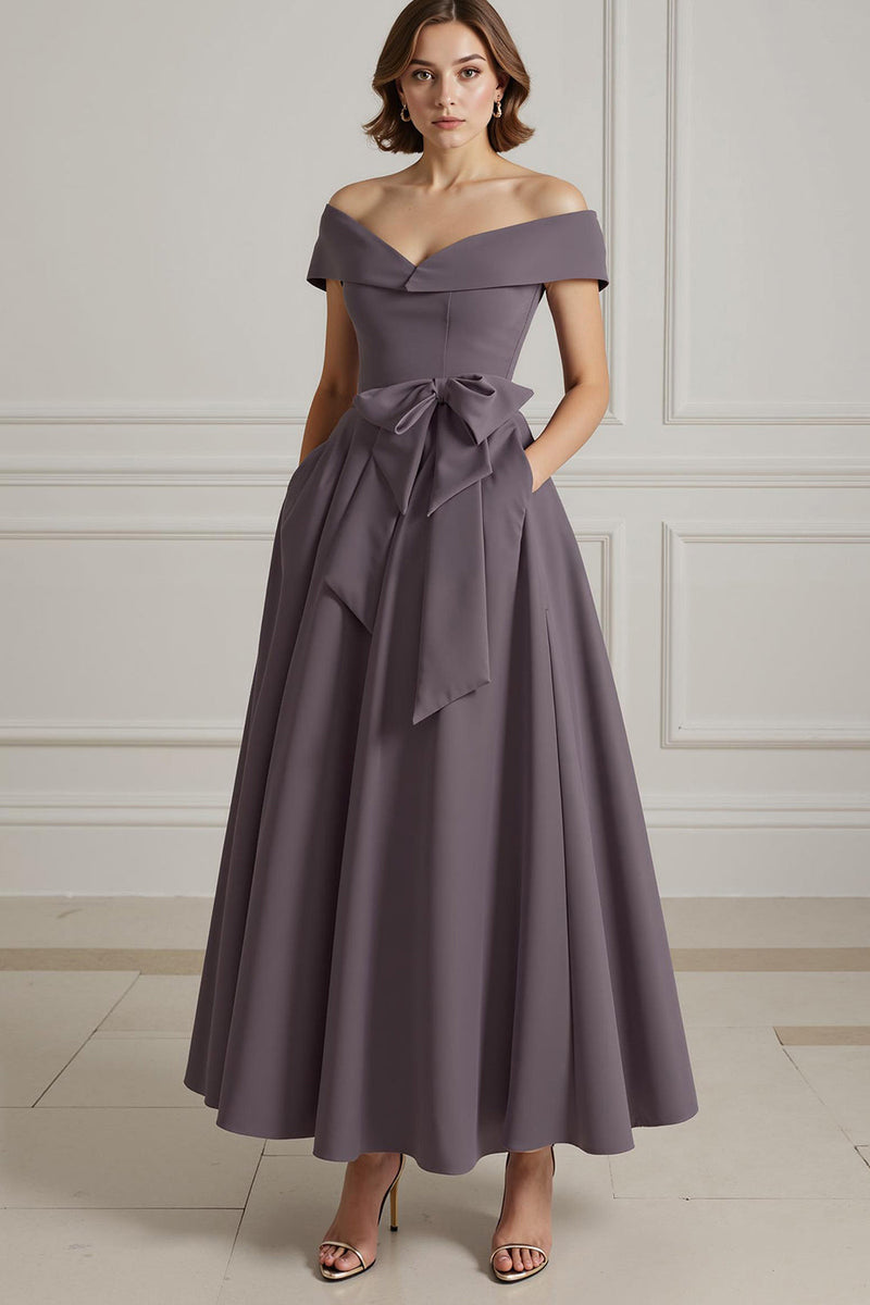 Load image into Gallery viewer, Burgundy A Line Off the Shoulder Long Mother of the Bride Dress with Bow