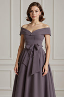 Load image into Gallery viewer, Burgundy A Line Off the Shoulder Long Mother of the Bride Dress with Bow