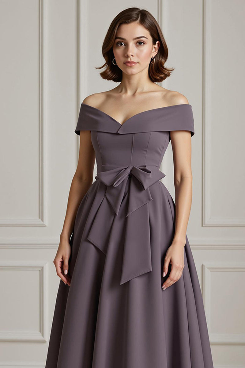 Load image into Gallery viewer, Burgundy A Line Off the Shoulder Long Mother of the Bride Dress with Bow