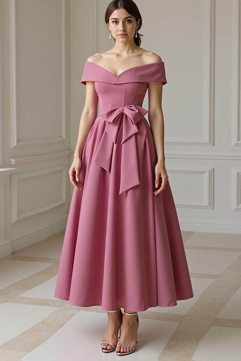 Load image into Gallery viewer, Burgundy A Line Off the Shoulder Long Mother of the Bride Dress with Bow