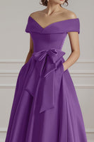 Load image into Gallery viewer, Burgundy A Line Off the Shoulder Long Mother of the Bride Dress with Bow