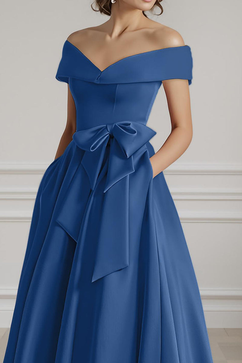 Load image into Gallery viewer, Burgundy A Line Off the Shoulder Long Mother of the Bride Dress with Bow