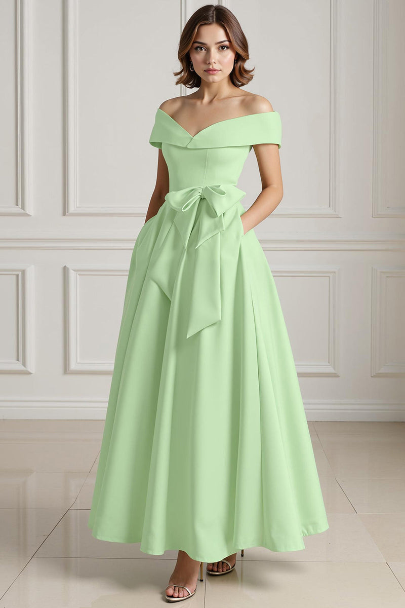 Load image into Gallery viewer, Burgundy A Line Off the Shoulder Long Mother of the Bride Dress with Bow