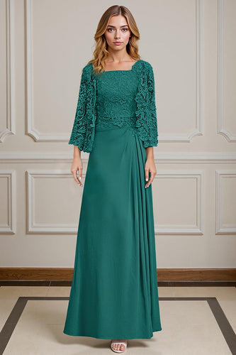 2 Piece Peacock Green A Line Long Mother of the Bride Dress with Lace