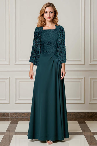 2 Piece Peacock Green Square Neck A Line Long Mother of the Bride Dress with Lace