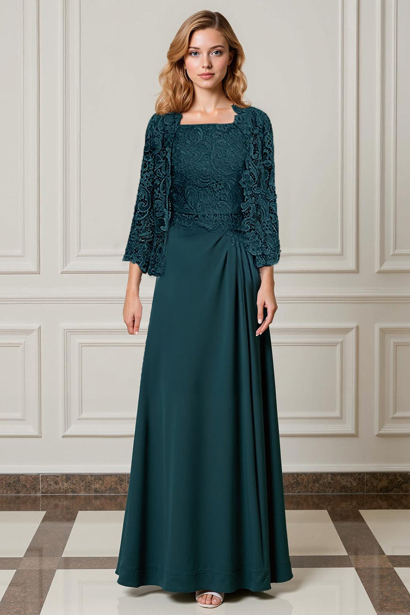 Load image into Gallery viewer, 2 Piece Peacock Green Square Neck A Line Long Mother of the Bride Dress with Lace