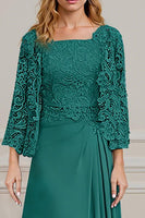Load image into Gallery viewer, 2 Piece Peacock Green Square Neck A Line Long Mother of the Bride Dress with Lace