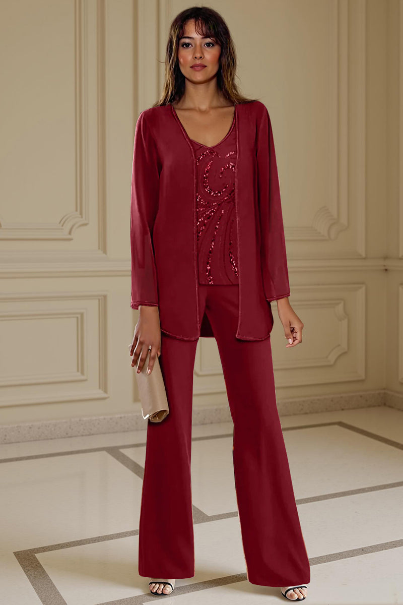 Load image into Gallery viewer, Sparkly 3 Piece Apricot Long Sleeves V Neck Long Mother of the Bride Pant Suits