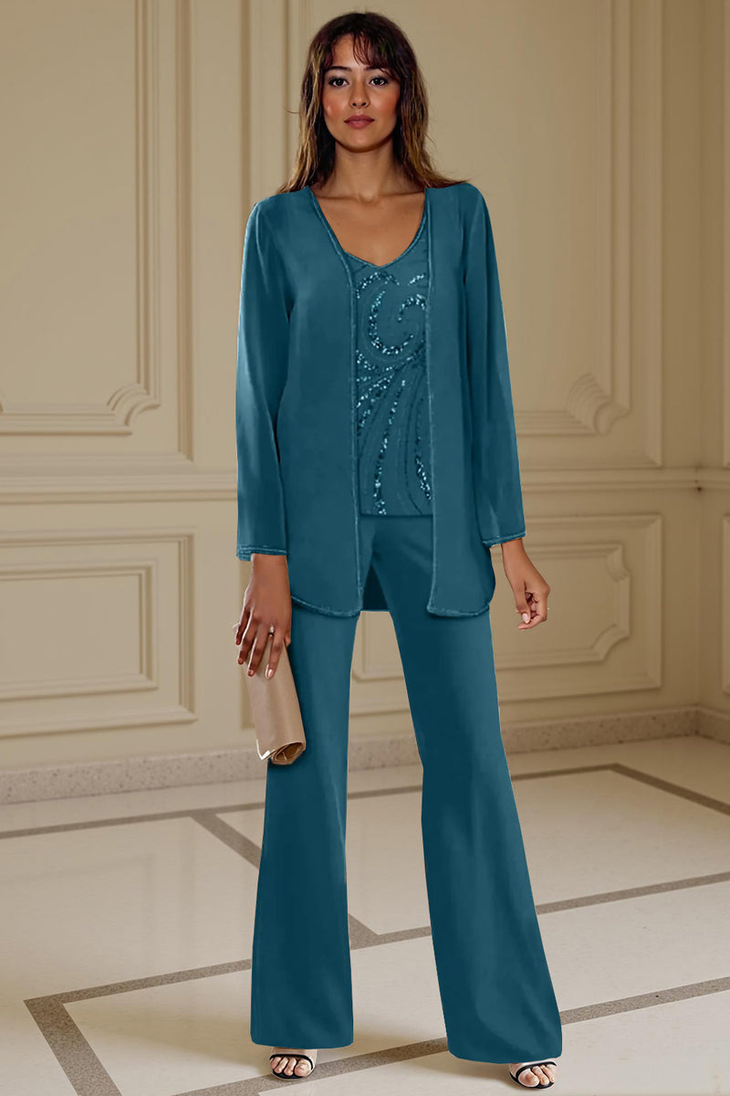 Load image into Gallery viewer, Sparkly 3 Piece Apricot Long Sleeves V Neck Long Mother of the Bride Pant Suits