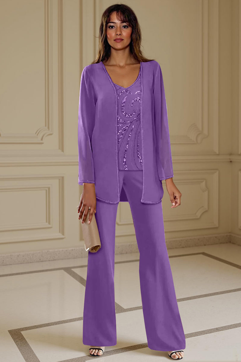 Load image into Gallery viewer, Sparkly 3 Piece Apricot Long Sleeves V Neck Long Mother of the Bride Pant Suits