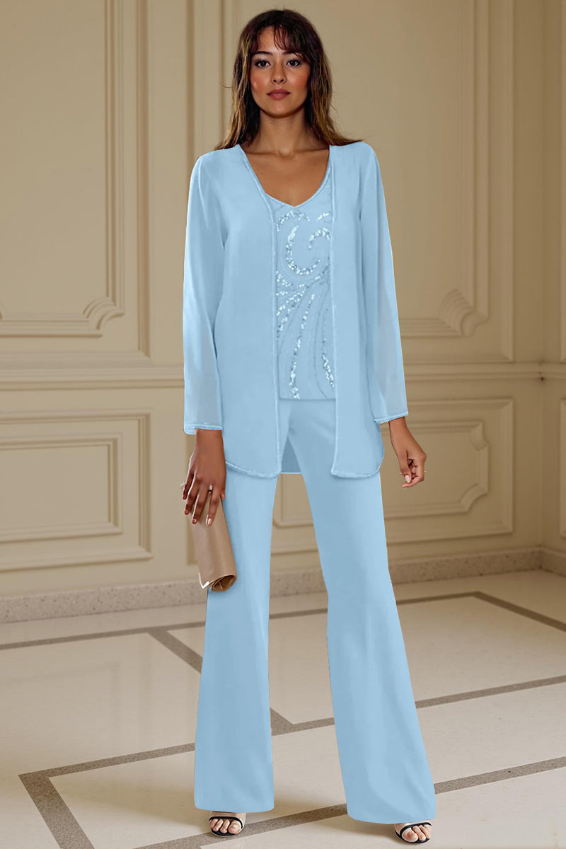 Load image into Gallery viewer, Sparkly 3 Piece Apricot Long Sleeves V Neck Long Mother of the Bride Pant Suits