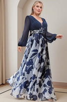Load image into Gallery viewer, Navy V Neck Plus Size Long Mother of the Bride Dress with 3D Flowers