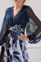 Load image into Gallery viewer, Navy V Neck Plus Size Long Mother of the Bride Dress with 3D Flowers