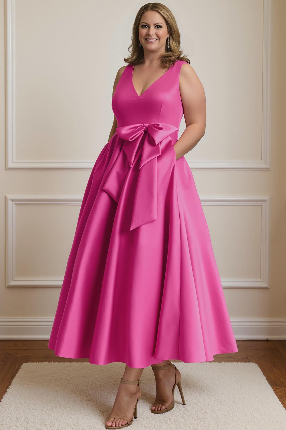 Fuchsia Plus Size A Line Ankle Length V Neck Mother of the Bride Dress with Bow