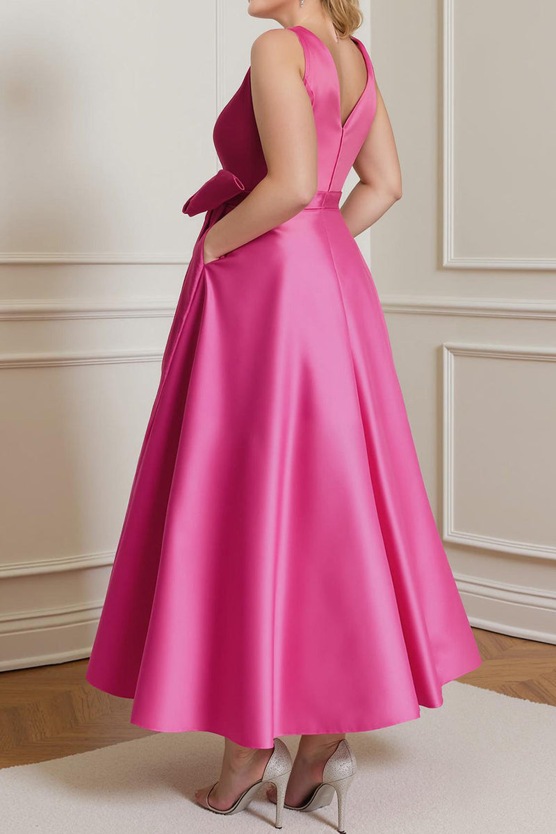 Load image into Gallery viewer, Fuchsia Plus Size A Line Ankle Length V Neck Mother of the Bride Dress with Bow
