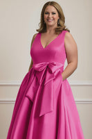 Load image into Gallery viewer, Fuchsia Plus Size A Line Ankle Length V Neck Mother of the Bride Dress with Bow