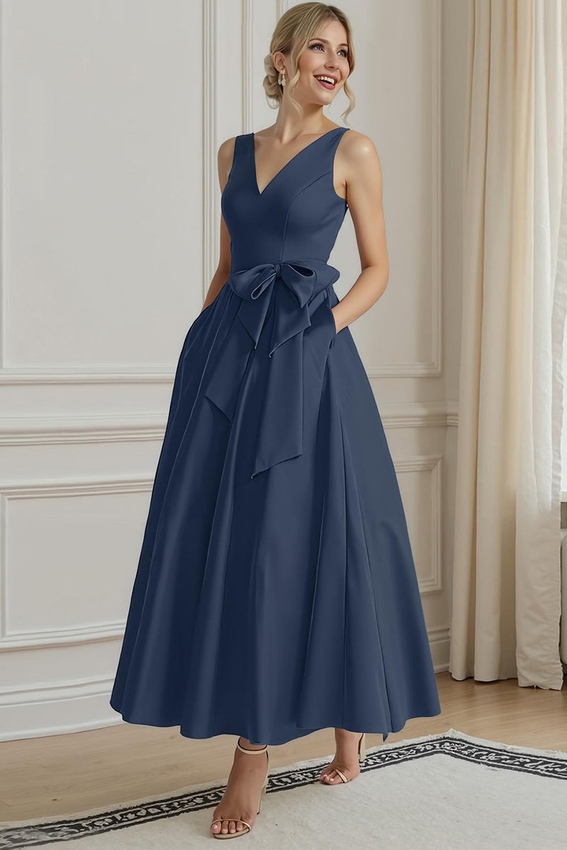 Load image into Gallery viewer, Fuchsia Plus Size A Line Ankle Length V Neck Mother of the Bride Dress with Bow