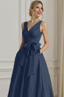 Load image into Gallery viewer, Fuchsia Plus Size A Line Ankle Length V Neck Mother of the Bride Dress with Bow