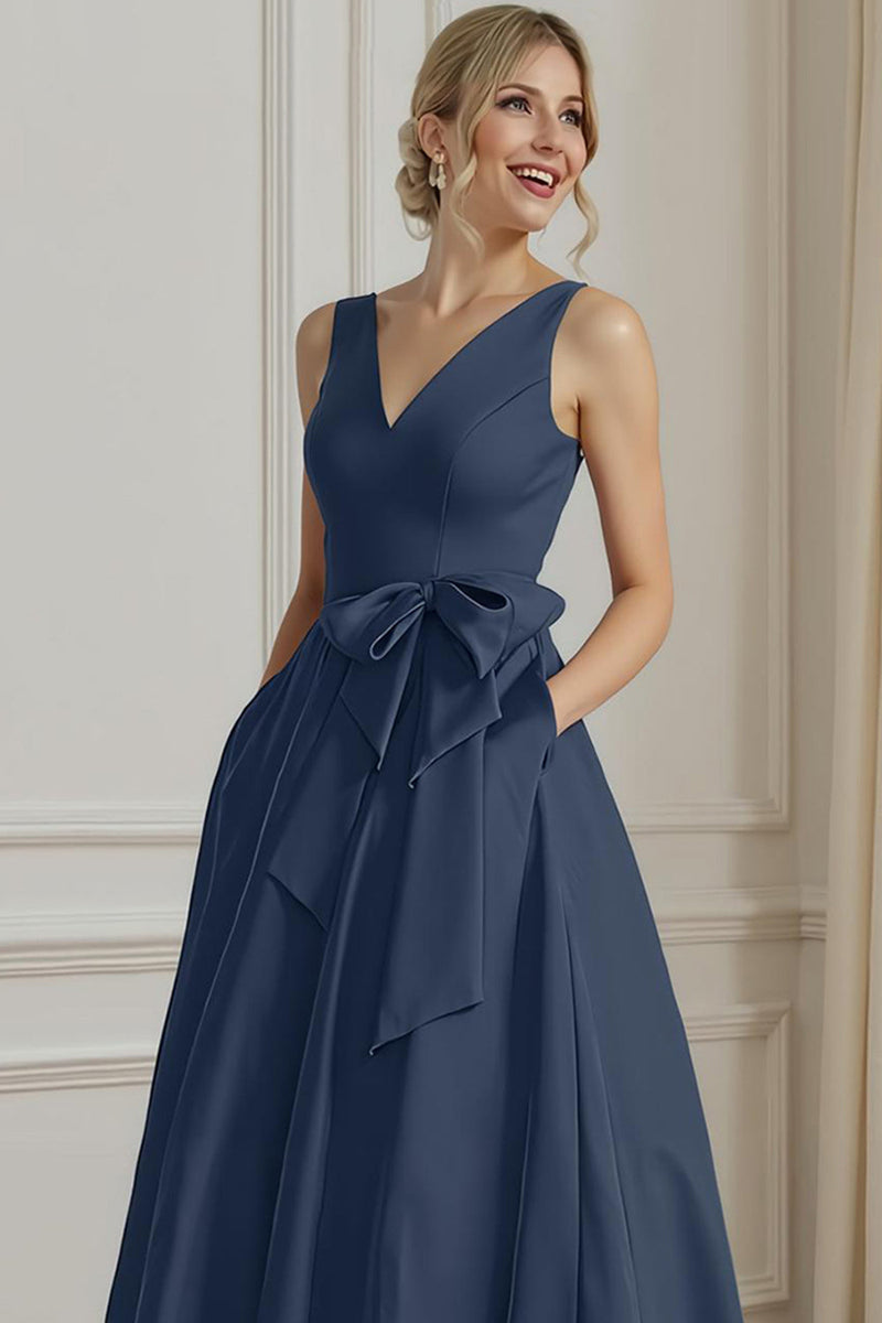 Load image into Gallery viewer, Fuchsia Plus Size A Line Ankle Length V Neck Mother of the Bride Dress with Bow