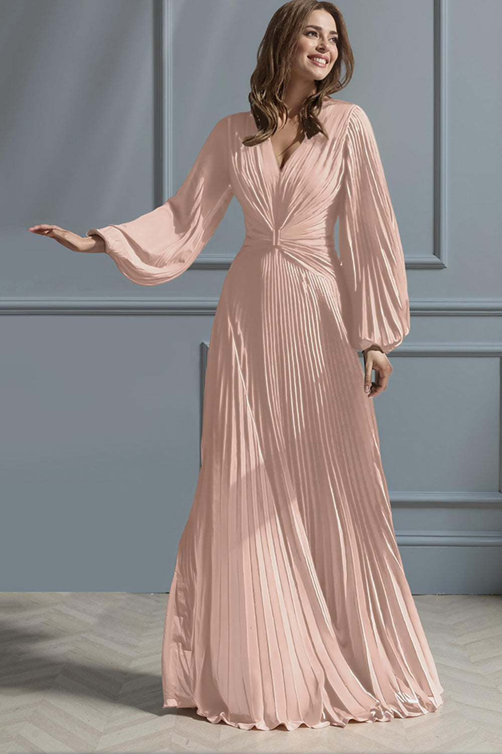Blush Pink A Line V-Neck Pleated Long Mother of the Bride Dress with Sleeves