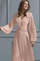Load image into Gallery viewer, Blush Pink A Line V-Neck Pleated Long Mother of the Bride Dress with Sleeves