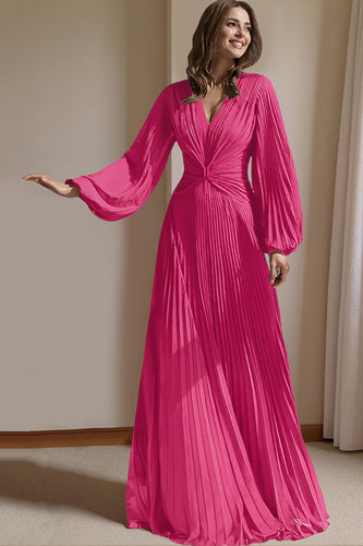 Blush Pink A Line V-Neck Pleated Long Mother of the Bride Dress with Sleeves