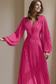 Blush Pink A Line V-Neck Pleated Long Mother of the Bride Dress with Sleeves