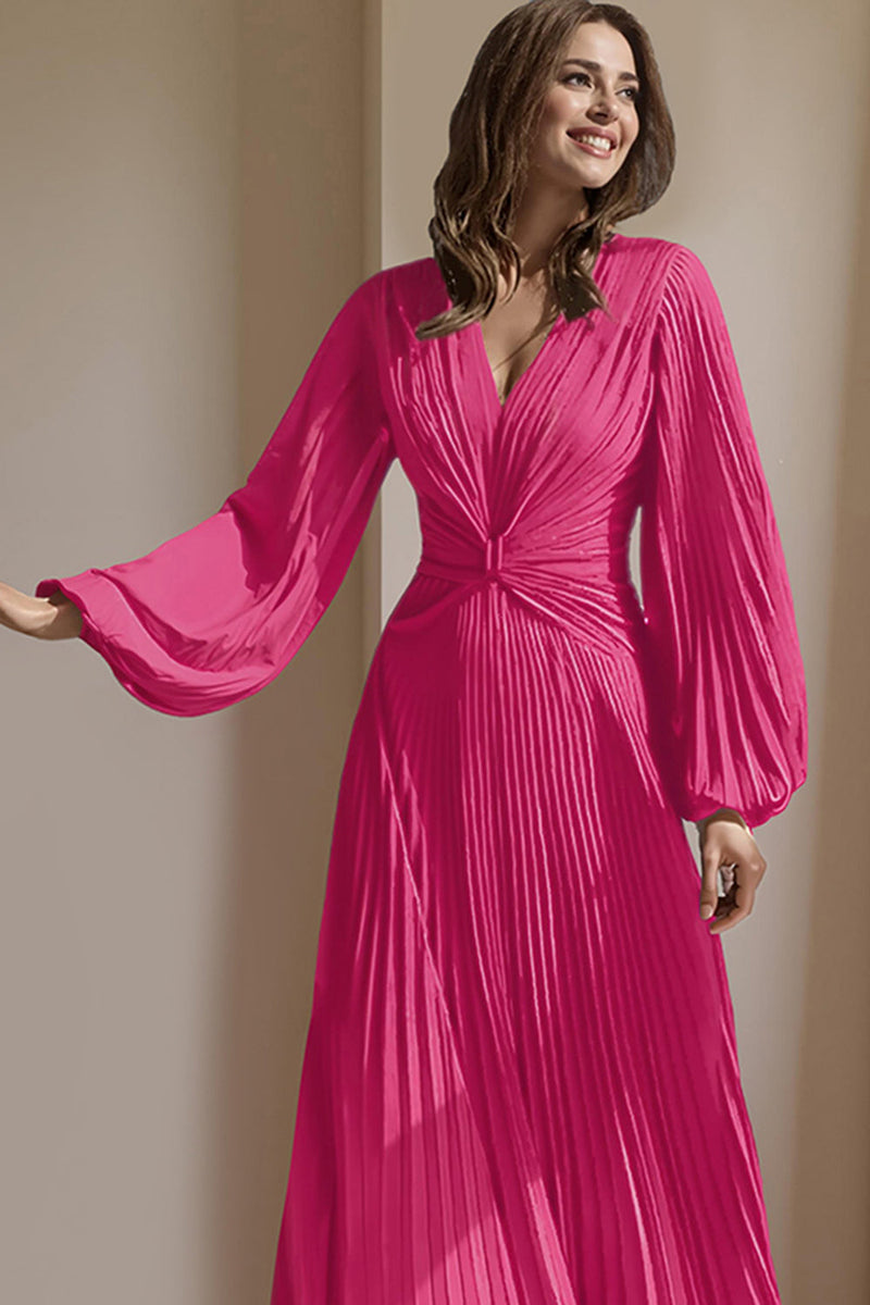 Load image into Gallery viewer, Blush Pink A Line V-Neck Pleated Long Mother of the Bride Dress with Sleeves