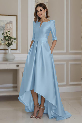Light Blue High Low A Line Mother of the Bride Dress with Sleeves