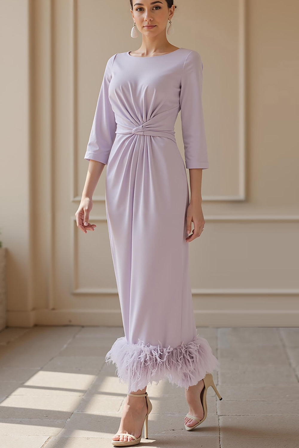 Lilac Ankle Length Ruched Mother of the Bride Dress with Feathers