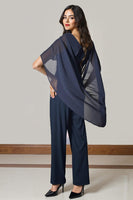 Load image into Gallery viewer, 2 Piece Navy Chiffon Ruched Long Mother of the Bride Pant Suits with Sleeves