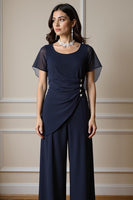 Load image into Gallery viewer, 2 Piece Navy Chiffon Ruched Long Mother of the Bride Pant Suits with Sleeves