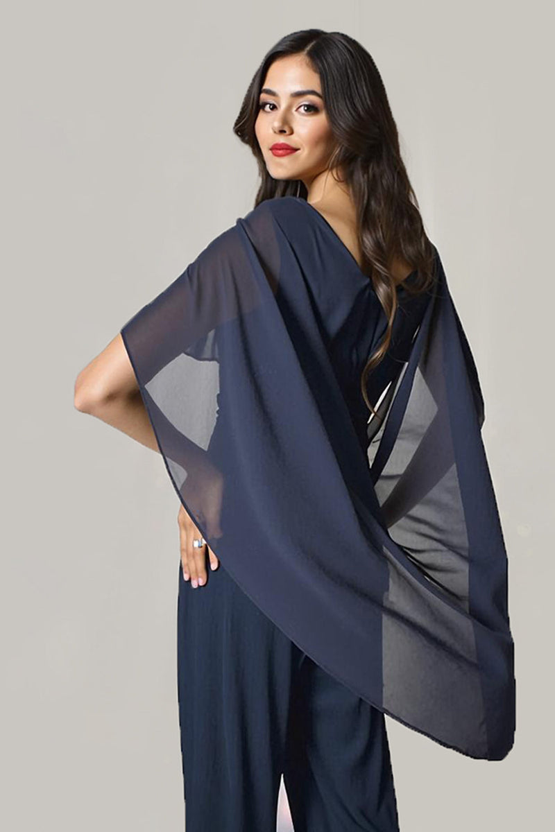 Load image into Gallery viewer, 2 Piece Navy Chiffon Ruched Long Mother of the Bride Pant Suits with Sleeves