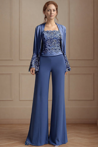 3 Piece Navy Long Sleeves Mother of the Bride Pant Suits with Lace
