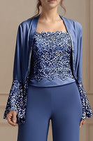 Load image into Gallery viewer, 3 Piece Navy Long Sleeves Mother of the Bride Pant Suits with Lace