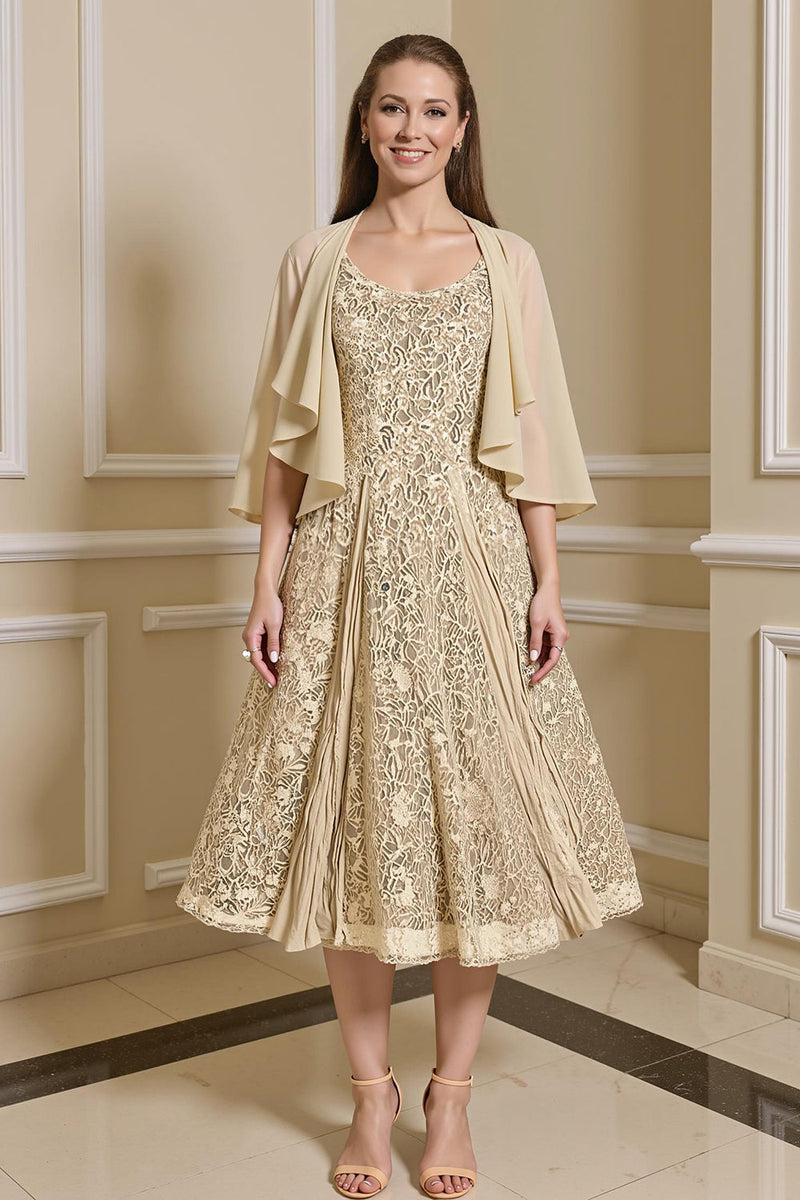 Load image into Gallery viewer, 2 Piece Champagne Tea Length Lace Mother of the Bride Dress with Jacket